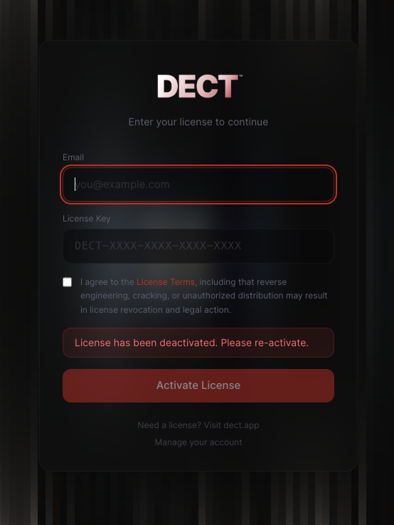 DECT license activation screen with email, license key fields, and Activate License button